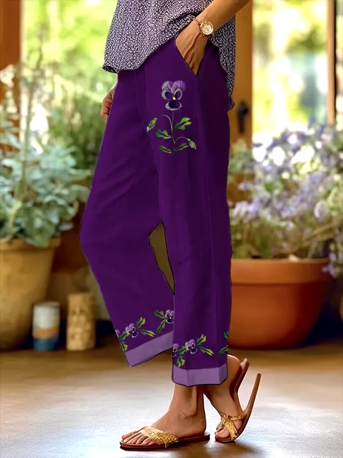 💜Buy 3 get 12% off丨Women's Purple Floral Pansy Dementia Alzheimer's Disease Awareness Printed Cotton and Linen Casual Pants