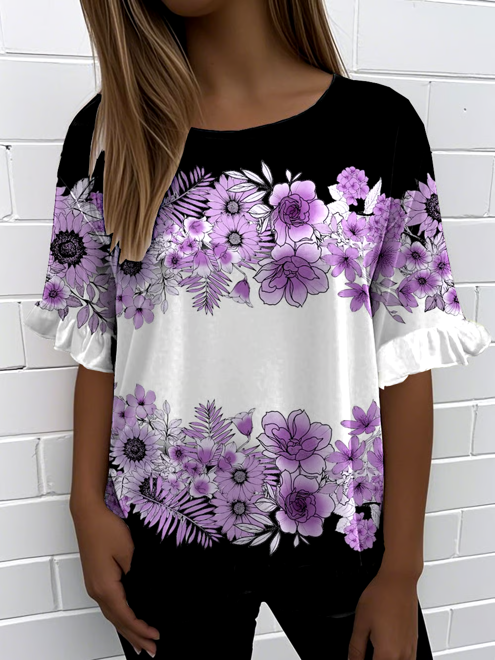 💜Buy 3 get 12% off丨Women'S Retro Purple Floral Print Round Neck Ruffle Short Sleeve T-shirt
