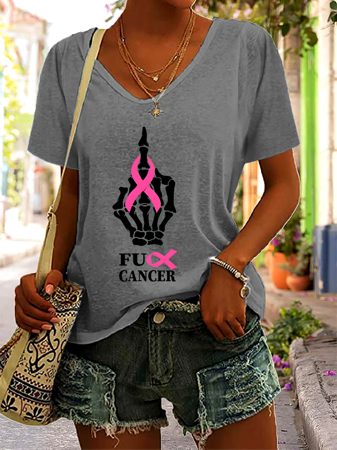🎀Buy 3 get 12% off丨Women's Casual Breast Cancer Graphic Print V-Neck Short Sleeve T-Shirt
