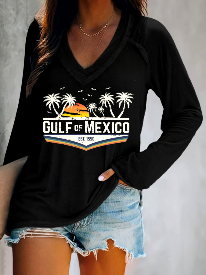 🌊Buy 3 get 12% off丨Women's Gulf Of Mexico Print V Neck T-Shirt