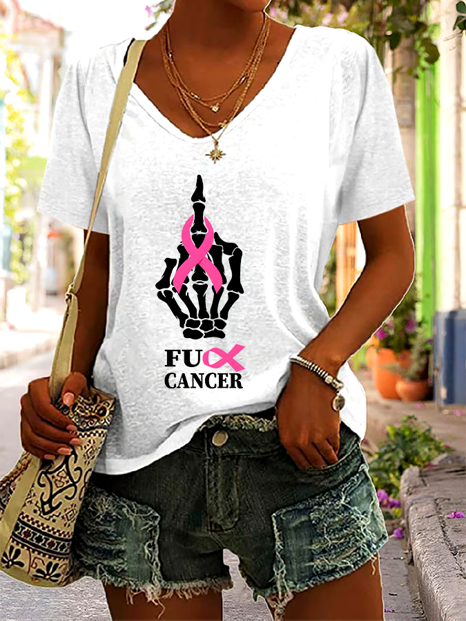 🎀Buy 3 get 12% off丨Women's Casual Breast Cancer Graphic Print V-Neck Short Sleeve T-Shirt