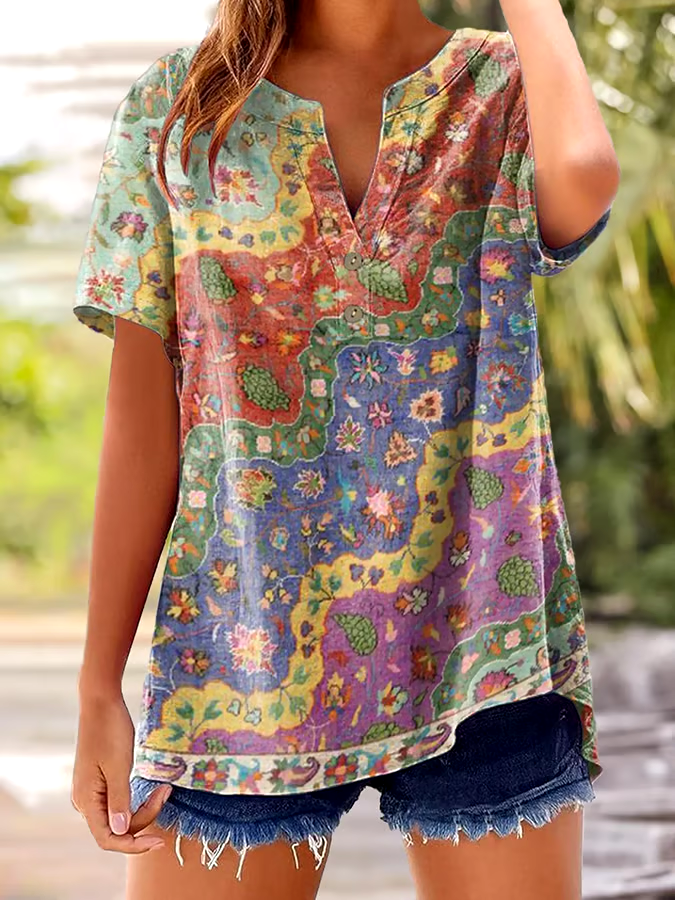 🌸Buy 3 get 12% off丨Women's Vintage Floral Print Button Design V Neck Casual Shirt