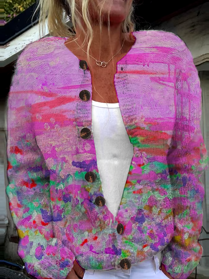 🎀Buy 3 get 12% off丨Women's Pink Art Oil Painting Breast Cancer Sweater Knit Cardigan