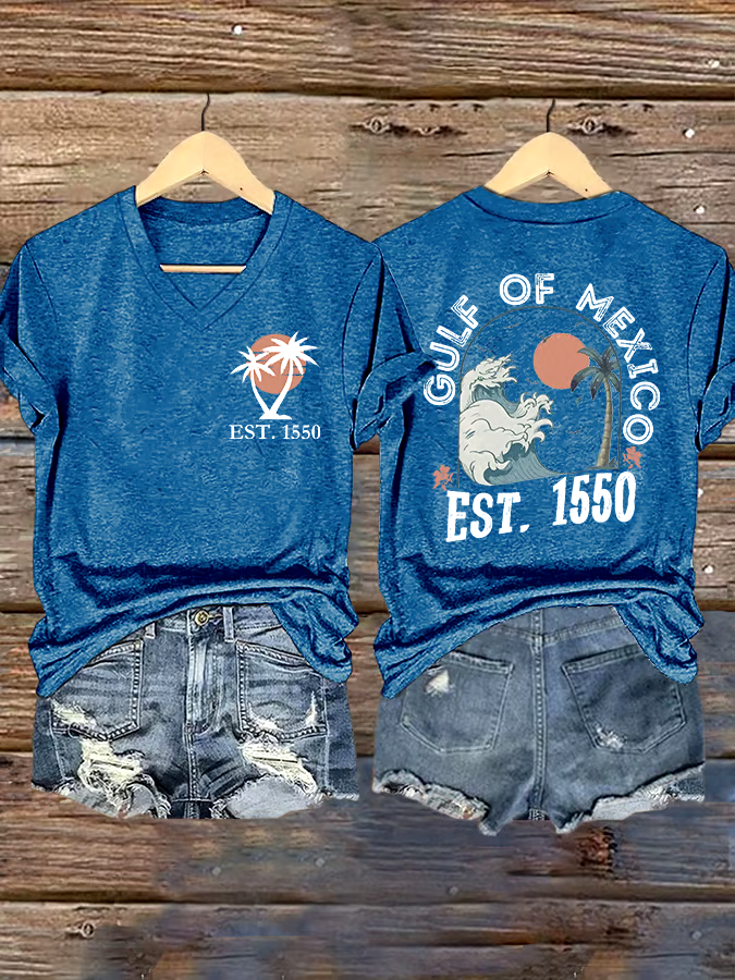 🌊Buy 3 get 12% off丨Women's Gulf Of Mexico Printed V Neck T-shirt