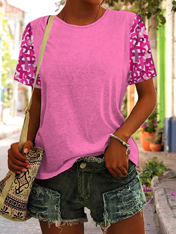 🎀Buy 3 get 12% off丨Women's Casual Breast Cancer Healing Ribbon Printed Round Neck Short Sleeve T-Shirt