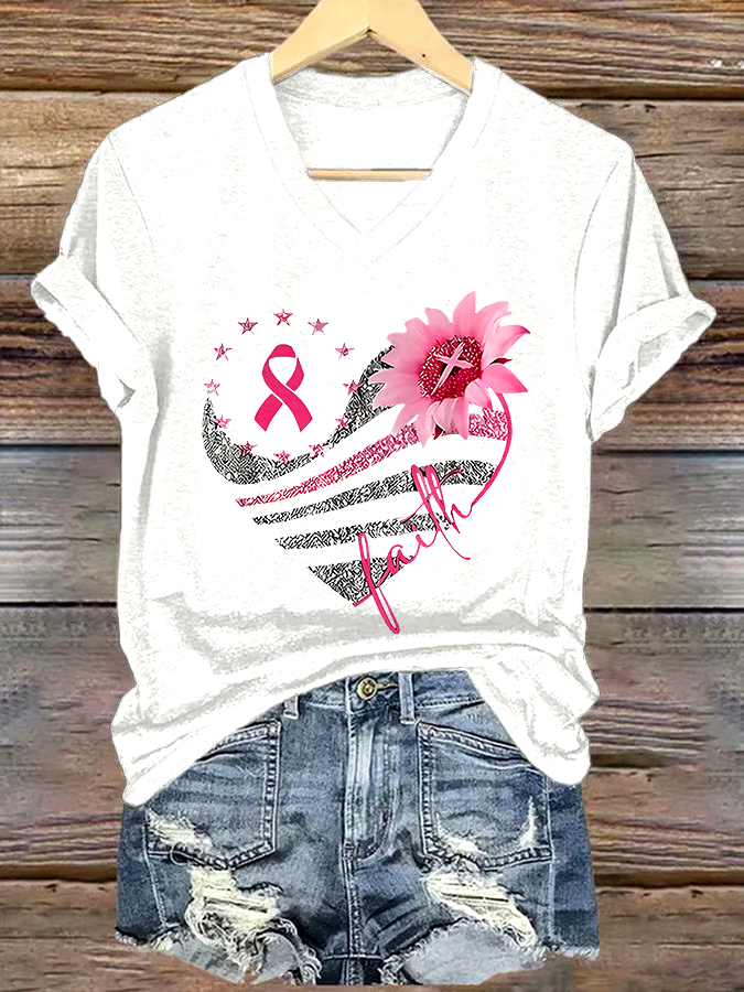 🎀Buy 3 get 12% off丨Women's Casual Breast Cancer Cure Graphic Print V-Neck Short Sleeve T-Shirt