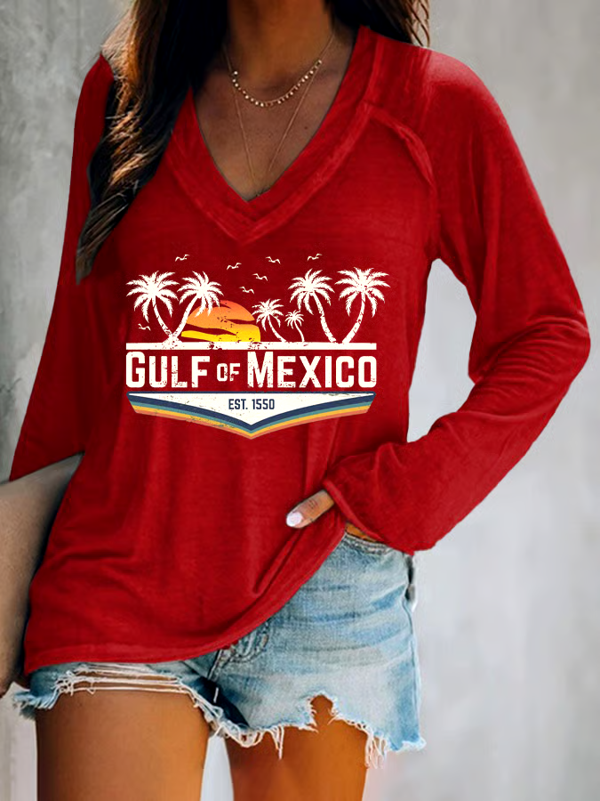 🌊Buy 3 get 12% off丨Women's Gulf Of Mexico Print V Neck T-Shirt