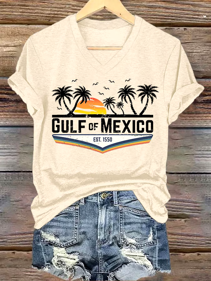 🌊Buy 3 get 12% off丨Women's Gulf Of Mexico Printed V Neck T-Shirt