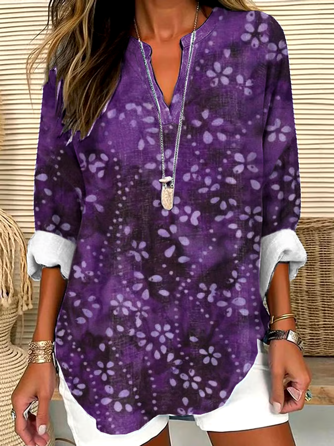 💜Buy 3 get 12% off丨Women's Retro Purple Floral Art Print V-Neck Shirt