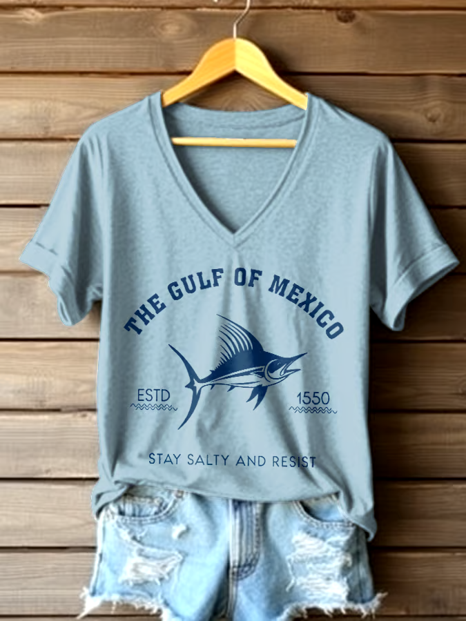 🌊Buy 3 get 12% off丨Women's Gulf Of Mexico Printed V Neck T-shirt