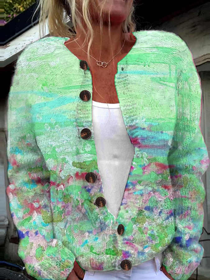 🎀Buy 3 get 12% off丨Women's Pink Art Oil Painting Breast Cancer Sweater Knit Cardigan