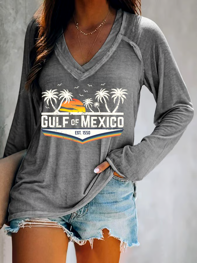 🌊Buy 3 get 12% off丨Women's Gulf Of Mexico Print V Neck T-Shirt