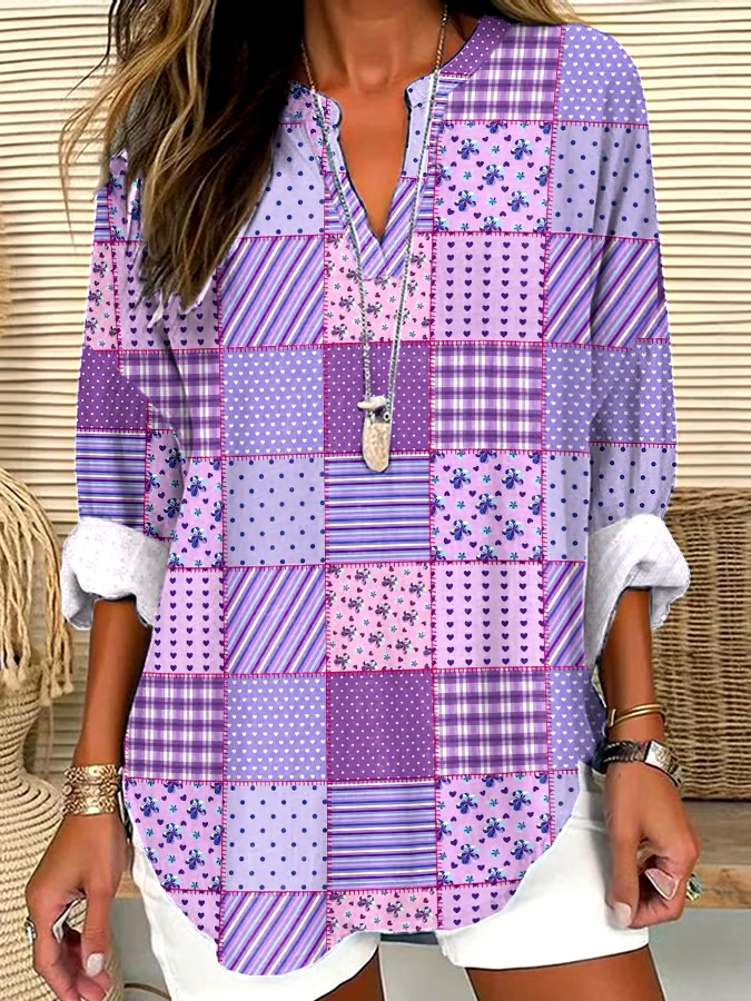 💜Buy 3 get 12% off丨Women's Retro Purple Floral Art Print V-Neck Shirt