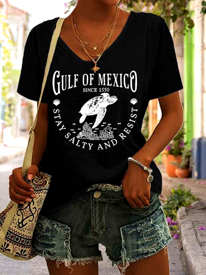 🌊Buy 3 get 12% off丨Women's Gulf Of Mexico Print V Neck Casual T-Shirt