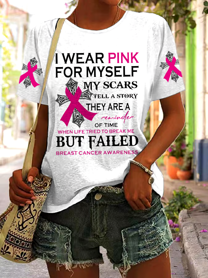 🎀Buy 3 get 12% off丨Women's Casual Breast Cancer Healing Printed Round Neck Short Sleeve T-Shirt