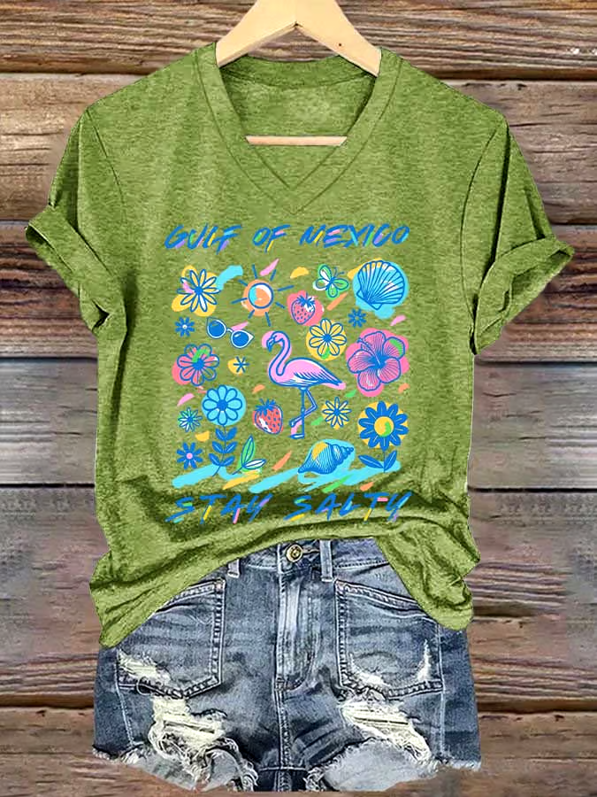 🌊Buy 3 get 12% off丨Women's Gulf Of Mexico Printed V Neck T-shirt