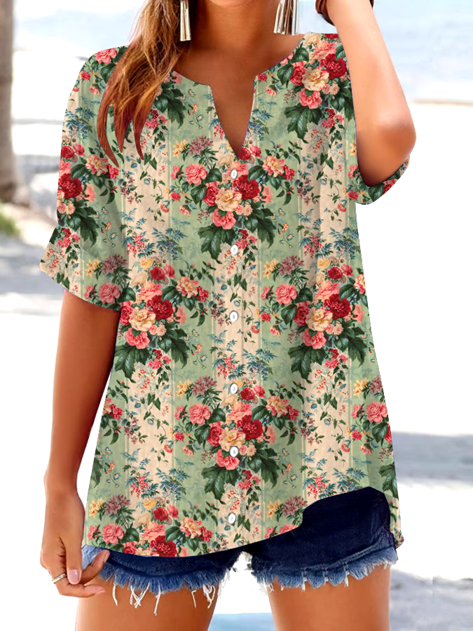 🌸Buy 3 get 12% off丨Women's Retro Botanical Floral Button Design V-Neck Three-Quarter Sleeve Shirt