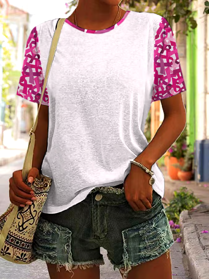 🎀Buy 3 get 12% off丨Women's Casual Breast Cancer Healing Ribbon Printed Round Neck Short Sleeve T-Shirt