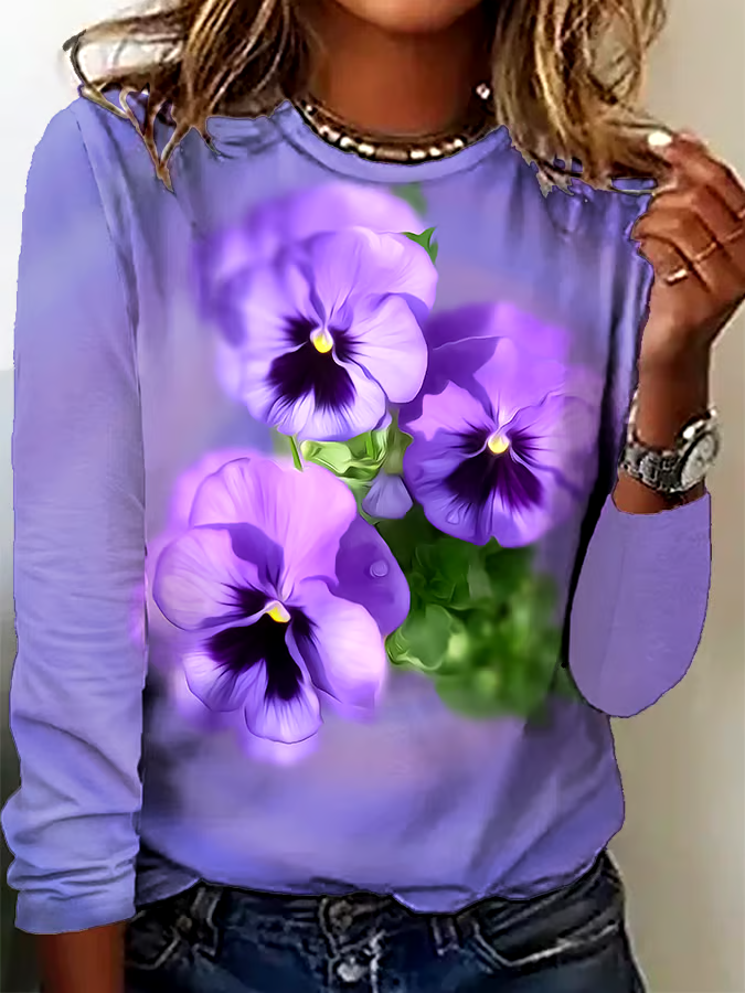 💜Buy 3 get 12% off丨Women's Retro Purple Floral Print Crew Neck T-Shirt